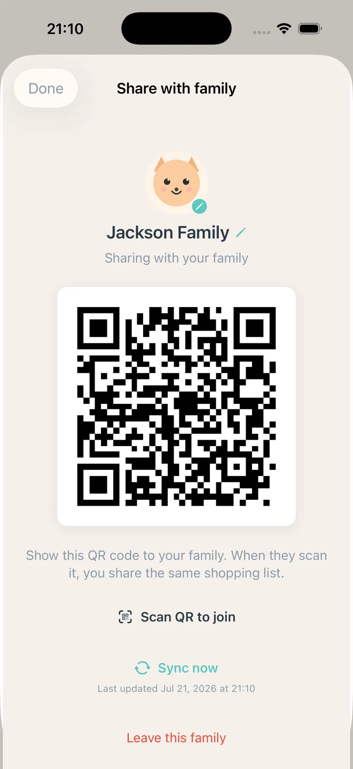 The Share with family screen, showing a QR code to join below the family name