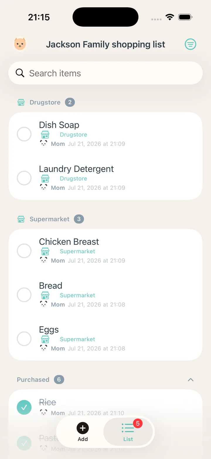 A family shopping list grouped by Drugstore and Supermarket, showing who added each item