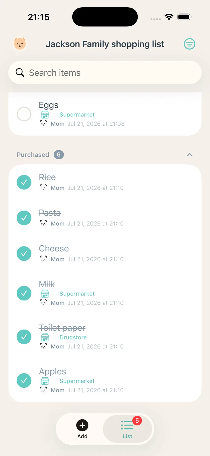 A shopping list mid-trip, with purchased items checked and struck through